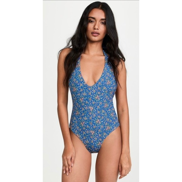 Veronica Beard Other - Veronica Beard Blue Floral Halter One Piece Swimsuit V-Neck Low Back Small